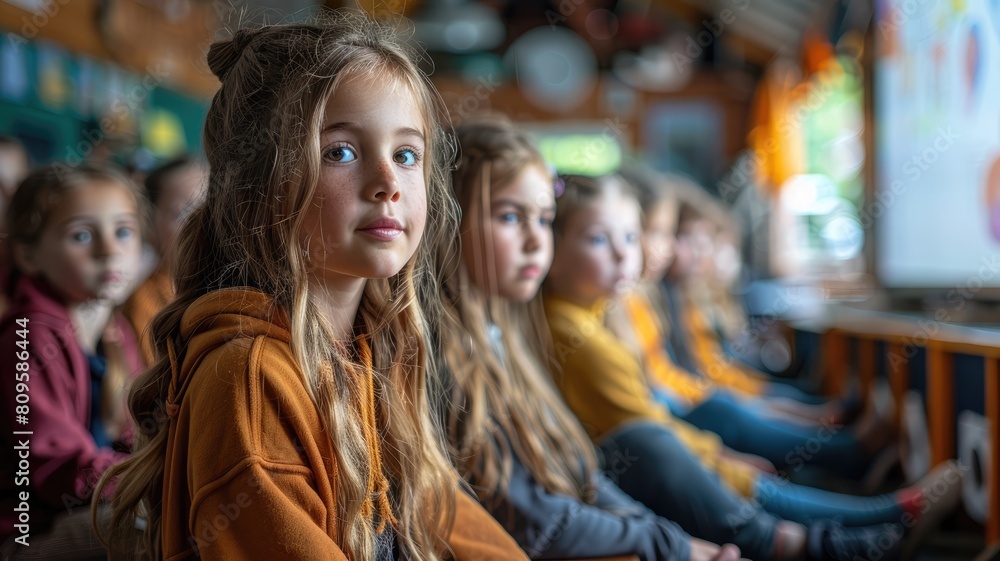 A group of children are sitting in a classroom watching a movie