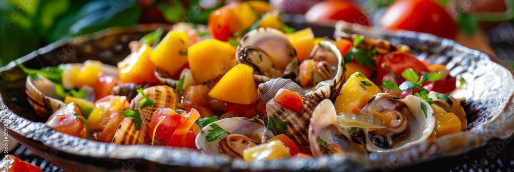 Delicacy Seafood Dish with Cooked Seashells, Bivalves or Mytilus, Tomatoes and Mangoes Salsa