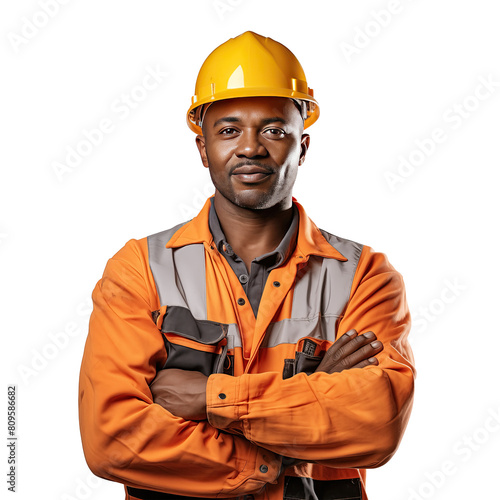 portrait of afro american technical worker arms crossed isolated transparent background