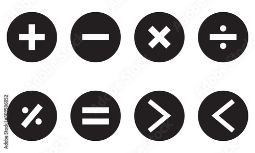 mathematical icon. math calculations addition, division, subtraction, multiplication, plus minus button symbol set. mathematical calculator education vector. Vector pictogram. Math symbols icon set.