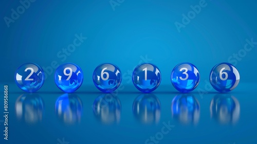 The blue billiard balls have numbers 0-9 in modern format. Modern realistic set of balls for pool games or lottery. Glossy spheres with reflection and shadow for recreation and sport, a set of shiny photo