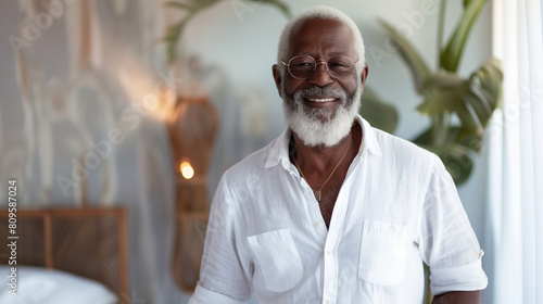 Happy attractive older senior black man, space for copy, positive and friendly photo