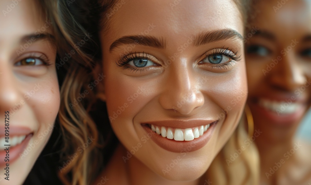 Close up cheerful model looking diverse women with perfect skincare and teeth with toothy smile as inclusion and acceptance concept Close up cheerful model looking diverse women with perfect skincare and teeth with toothy smile as inclusion and acceptance concept