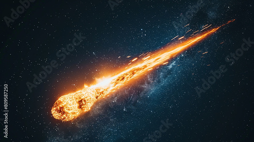A brilliant flaming meteor with glowing molten tail streaking across the night sky, photo