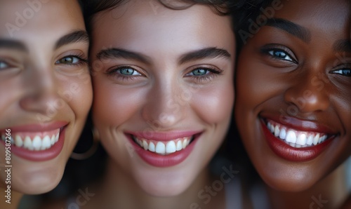 Close up cheerful model looking diverse women with perfect skincare and teeth with toothy smile as inclusion and acceptance concept