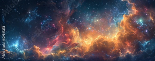 A fiery nebula explodes in a starry night sky photo