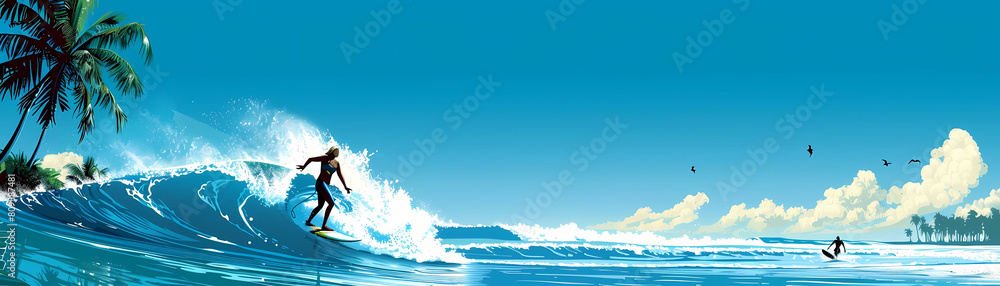 summer surfing background featuring a green tree, blue sky, and white clouds, with a black surfboard in the foreground summer surfing background featuring a green tree, blue sky, and white clouds, with a black surfboard in the foreground