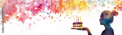 An illustration of a silhouette of a young attractive lady with a happy birthday banner and party cake made out of a composite sketch collage.