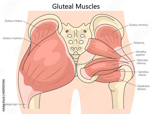 anatomy of human gluteal muscles, including labels for each muscle structure diagram hand drawn schematic vector illustration. Medical science educational illustration