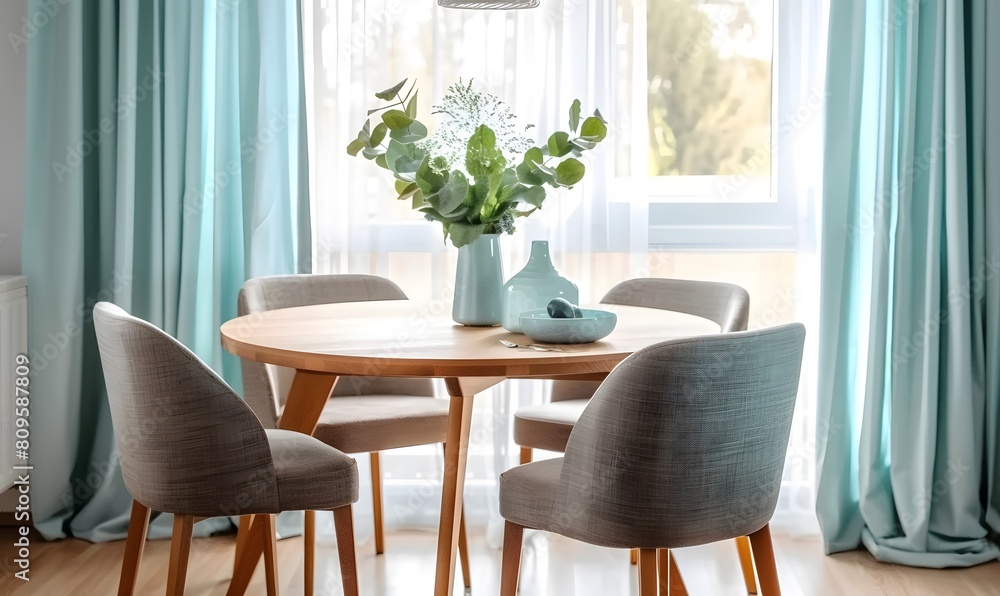 Round wooden table and fabric chairs against window dressed with turquoise curtains. Scandinavian home interior design of modern dining room.