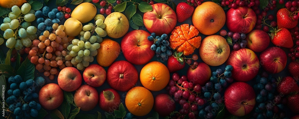 Produce a visually captivating aerial composition featuring fruits symbolizing earth, air, fire, and water elements Produce a visually captivating aerial composition featuring fruits symbolizing earth, air, fire, and water elements