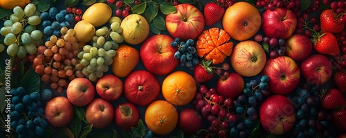 Produce a visually captivating aerial composition featuring fruits symbolizing earth, air, fire, and water elements