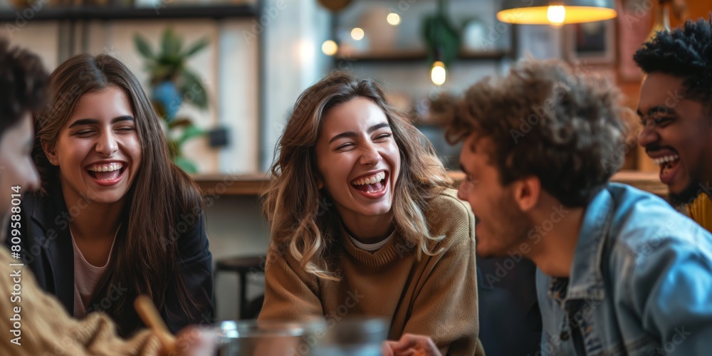 A group of friends sharing a hilariously good time in the cozy atmosphere of a coffee shop A group of friends sharing a hilariously good time in the cozy atmosphere of a coffee shop