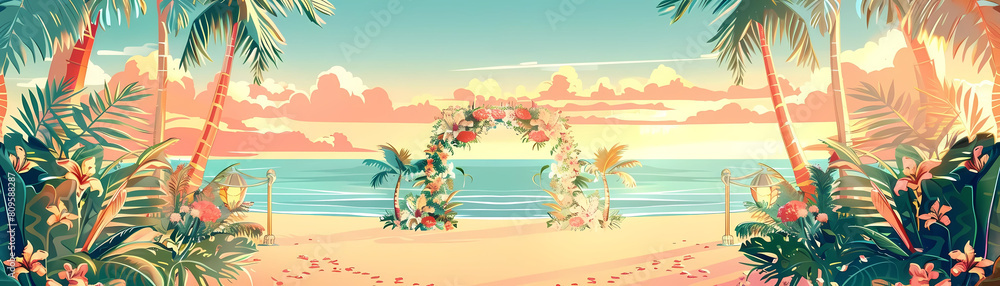 tropical beach wedding illustration featuring a clear blue sky and a vibrant red flower tropical beach wedding illustration featuring a clear blue sky and a vibrant red flower