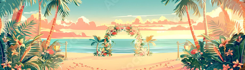 tropical beach wedding illustration featuring a clear blue sky and a vibrant red flower photo