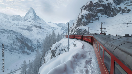 A train glides through a snowy mountain pass in the Swiss Alps.