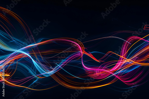 Abstract neon art with pulsating lines and dynamic shapes. Glowing hues on black background.