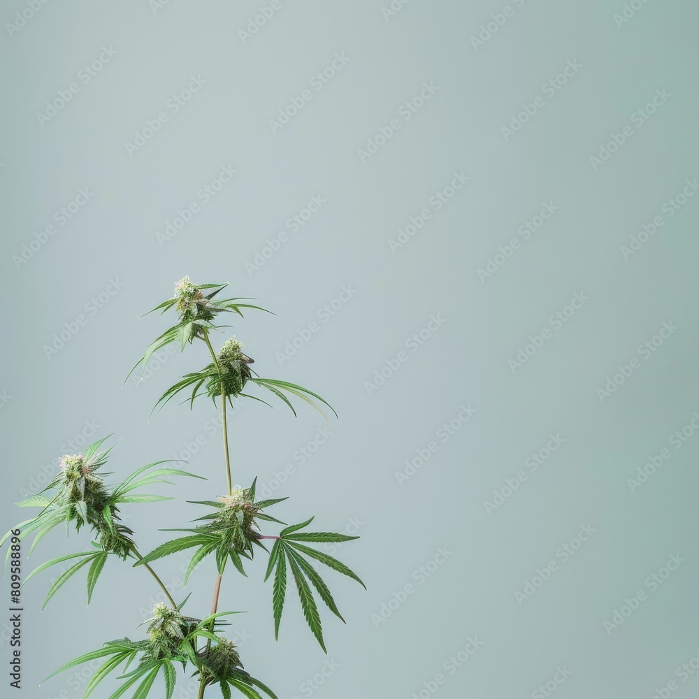 Fototapeta premium Stylish depiction of Cannabis plant, emphasizing medicinal uses, with right copy space in a minimalist style