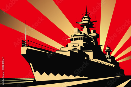 a silhouette of a warship on the background of the sun