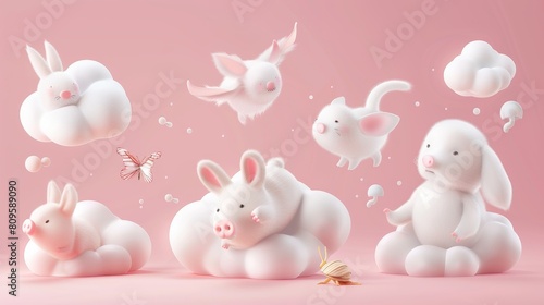 Three-dimensional modern set of assorted cloud animals on pink background, realistic fluffy eddies in the shape of cute rabbit, bear, dinosaur, pig, butterflies, cats, snails, weather and nature