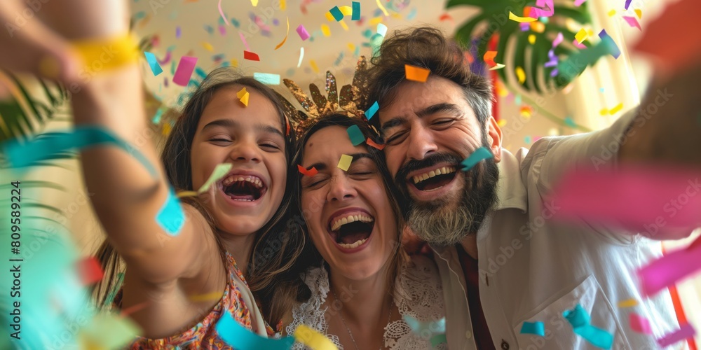 A jovial family moment captured as they celebrate a birthday with smiles and vibrant confetti A jovial family moment captured as they celebrate a birthday with smiles and vibrant confetti
