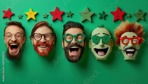 Frame a comedic scenario where customer rating icons hilariously attempt to imitate famous personalities, their exaggerated efforts adding humor against a vibrant green surface. photo