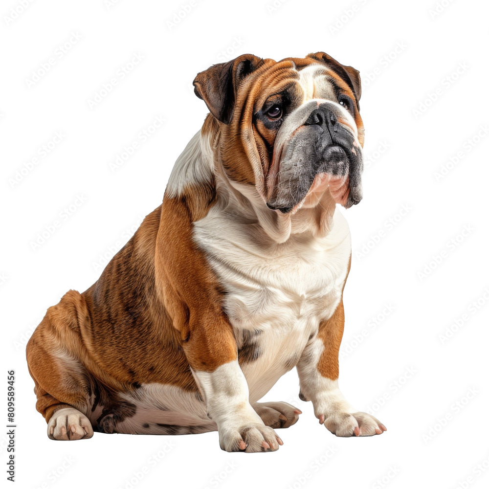 A majestic English Bulldog sits thoughtfully transparent background PNG