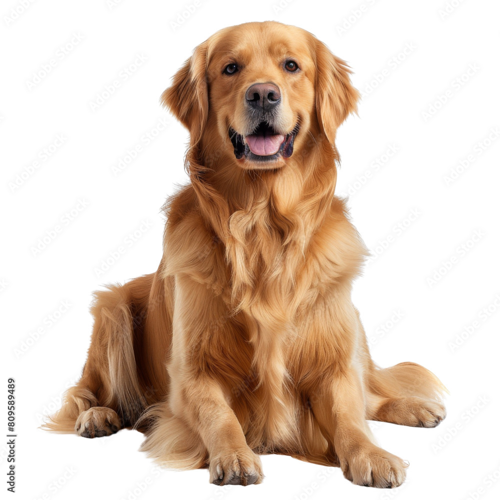 A joyful golden retriever sitting and smiling transparent background PNG