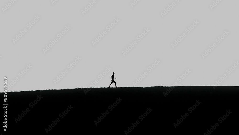 Minimalist Landscape with Lone Runner Silhouette. Solitude Concept, Outdoor Exercise, Scenic Jogging.
