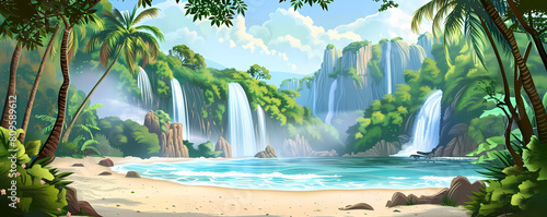tropical paradise island illustration featuring a lush green tree  crystal blue water  and a majestic waterfall