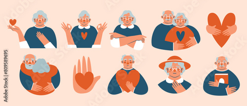 International Day of Older Persons. Big collection of diverse older men and women, who holding heart, couple of grandfather and grandmother, who hugging. Cute portraits. Care, support for pensioners. © renberrry