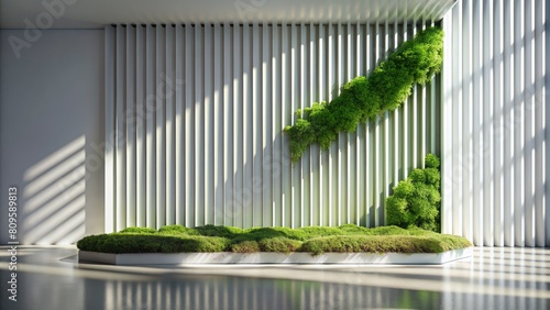 Modern interior design with green grass and sunlight.