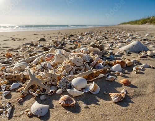 Experience the joy of beachcombing with our image of sandy shores dotted with seashells and driftwood, waiting to be discovered