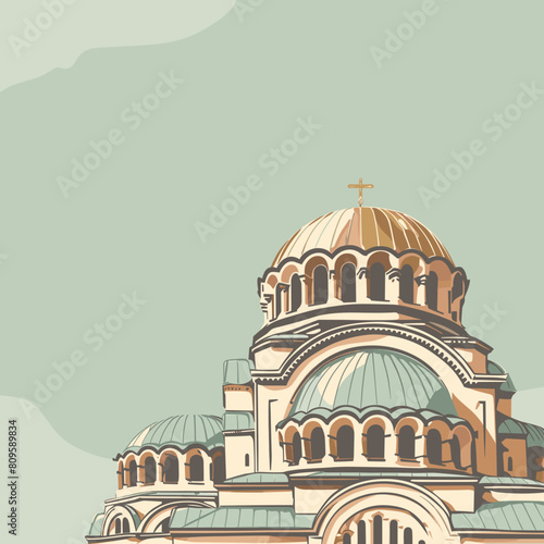 copy space, vector illustration, Alexander Nevski cathedral, Sofia. Must-see touristic spot in Sofia, the capital city of bulgaria, europe. Catholic-orthodox church. Tourist hot-spot.
