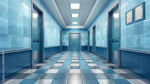 Decorative 3D modern illustration of doors in a hallway of a hospital  laboratory  or school. Interior corridor with a double metal doorway and wide rectangular windows on the walls with tiled