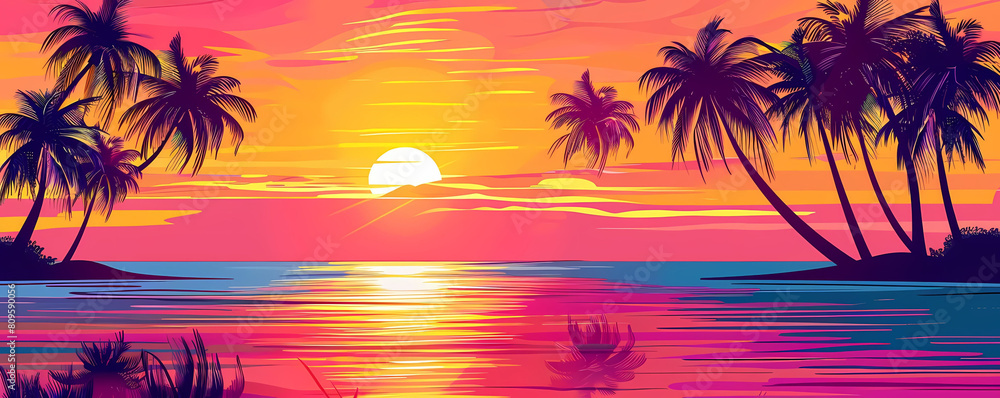 tropical sunset illustration with palm trees on the beach