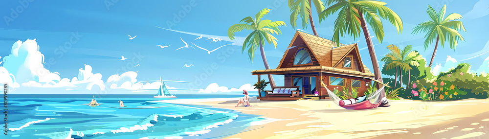 beach vacation illustration featuring a small wooden house with a brown roof, set against a backdrop of blue sky and water, with a white boat in the distance