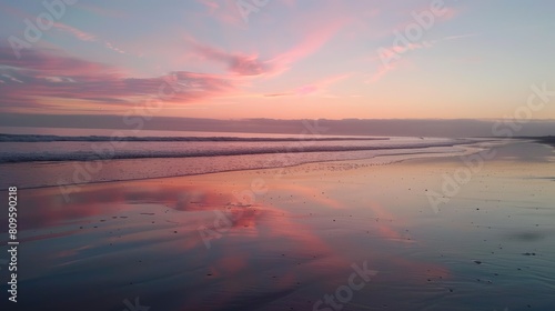 A beautiful sunset over a beach where the clouds are reflected in the calm waters  creating a stunning natural landscape with a fluid atmosphere AIG50