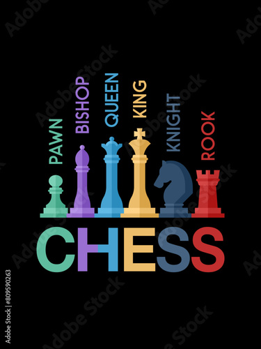 Vector illustration featuring a set of colorful chess pieces arranged on a black background © lukpedclub