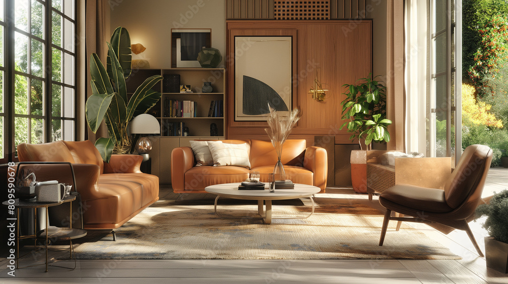 Sophisticated Living Room with Warm Tones and Panoramic View Sophisticated Living Room with Warm Tones and Panoramic View