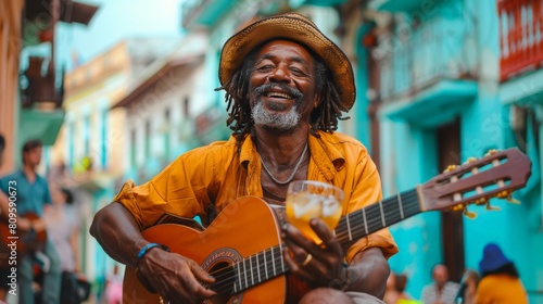 A musician in Havana enjoying a rum on the rocks after a performance, his expression tired yet satisfied