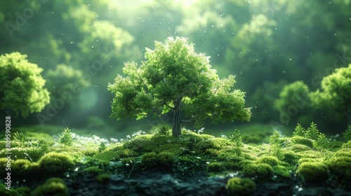 Ethereal scenery of a flourishing tree with sparkling lights amidst a dense green forest