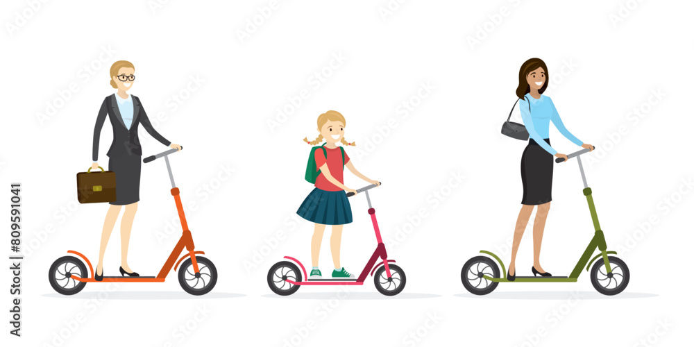 Collection of female characters riding scooters isolated on white background. Set of women on modern personal vehicles. Businesswoman on kick scooter Collection of female characters riding scooters isolated on white background. Set of women on modern personal vehicles. Businesswoman on kick scooter