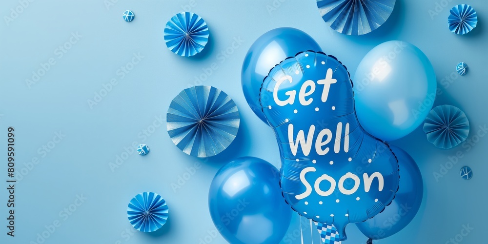 Bright blue balloons with 'Get Well Soon' message surrounded by paper decorations on a calming blue background Bright blue balloons with 'Get Well Soon' message surrounded by paper decorations on a calming blue background