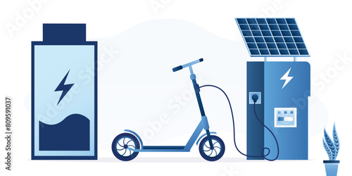 Ecological city transport, modern technology. Electric scooter charged from solar electrical mains. Electric wire plugged into outlet. Giant battery on charge, kick scooter,