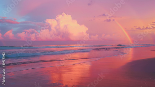 After the rain, the beautiful rainbow paints the sky. It's a stunning sight against the pink clouds. Enjoy the sunrise view on the beach.