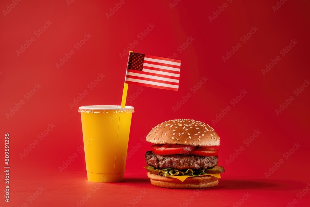 Classic American burger with juneteenth flag on the top and yellow paper cup with straw over red background. Close-up with selective focus with generative ai Classic American burger with juneteenth flag on the top and yellow paper cup with straw over red background. Close-up with selective focus with generative ai