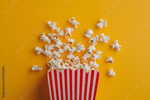 Fluffy popcorn in red strip paper bucket on yellow background. Copy space for text. Cinema and movie theater concept 