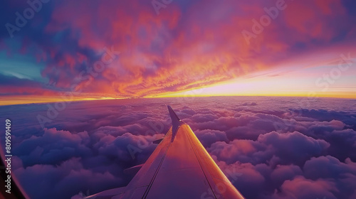 Amazing view from the plane window as it flies high in the sky during sunset, with colorful clouds surrounding the plane's wing.