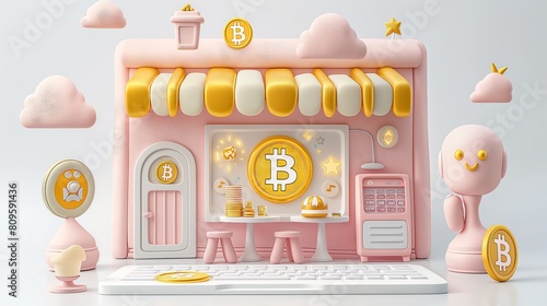 Bitcoin Shopping Cart on Keyboard Illustration